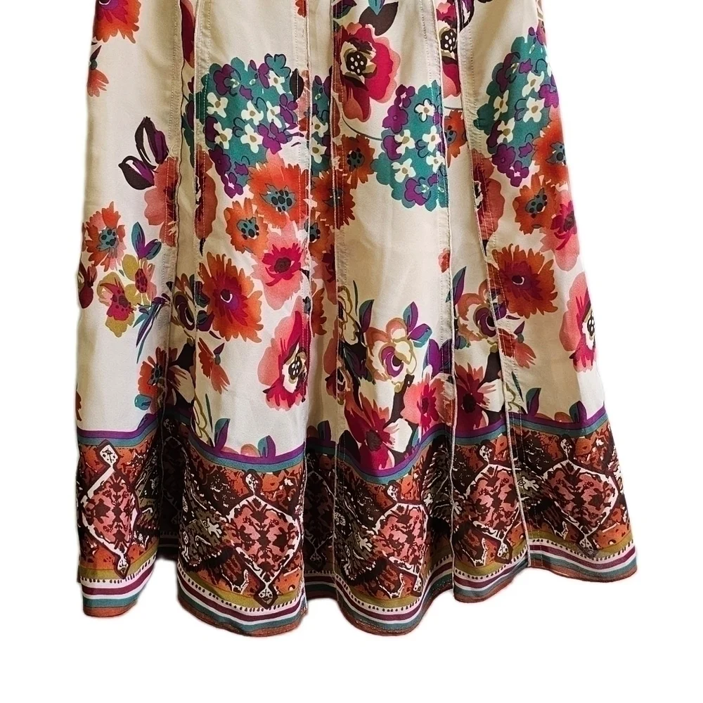 Boho floral multicolored over cream a-line tiered midi skirt